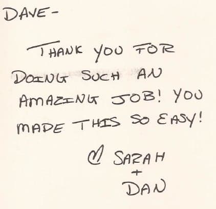 Handwritten thank-you note from Sarah and Dan about amazing job